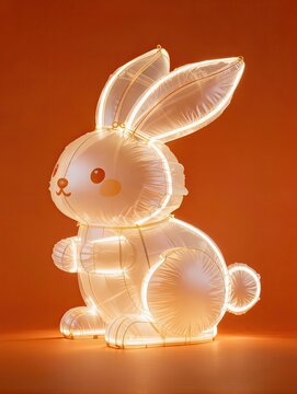 Whimsical rabbit shaped mid autumn lantern sculpture made of transparent inflatable plastic features long ears and soft folds against a vibrant tangerine orange background for art

