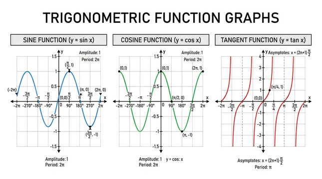 Mathematical trigonometric function graphs for sine and cosine study