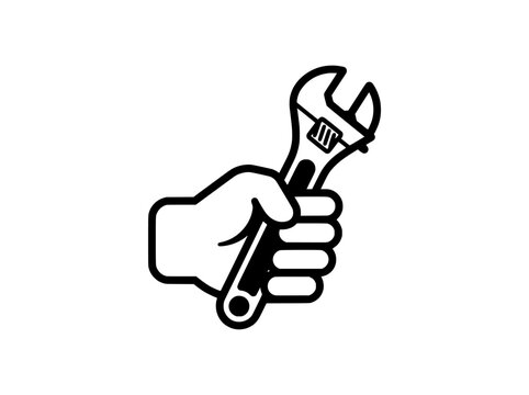 Adjustable wrench icon held by hand, black and white line art vector, mechanic tool for repair and maintenance services