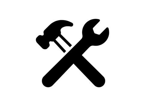 Industrial hammer and wrench crossed icon, black hardware tools vector, construction and repair service symbol for maintenance