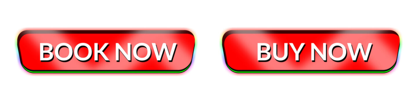 Vibrant Red BOOK NOW and BUY NOW Web Button Collection with Rainbow Border