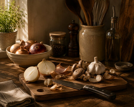 Onions garlic and mushrooms prepared for autumn cooking