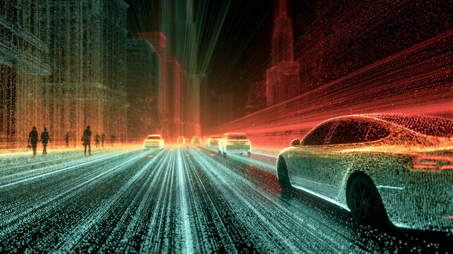 LiDAR point cloud of 3D city with luminous particles. Emerald to crimson gradient on dark void, volumetric light, holographic glow, cinematic DOF. Left negative space. Ideal for autonomous vehicle...