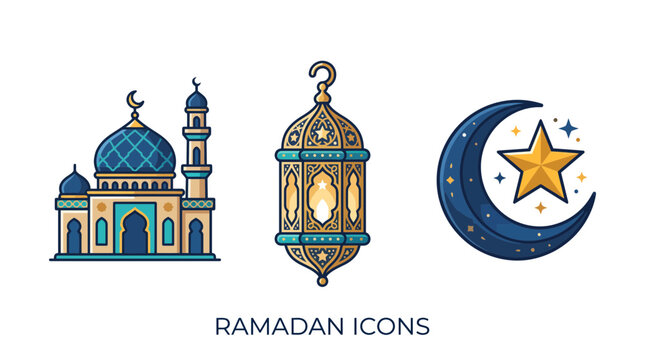 Illustrated Ramadan-themed icons including a mosque, lantern, crescent moon, and star in a cohesive design.
