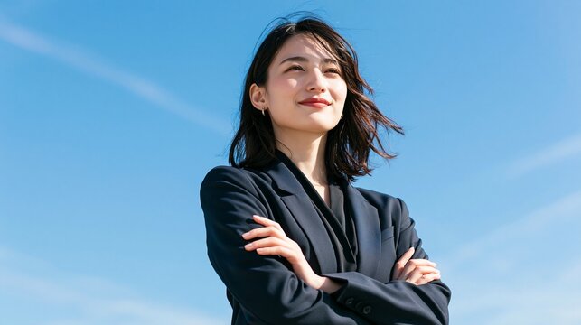 青空とビル群を背に腕を組んで堂々と佇むスーツ姿の女性