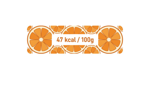 Nutritional value card of orange fruit presenting 47 kcal per 100g in a white text box over tiled fresh orange slices.