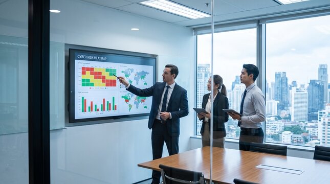 Business professionals analyzing cyber risk heatmap on digital screen in modern meeting room for cybersecurity strategy session and corporate data security planning session