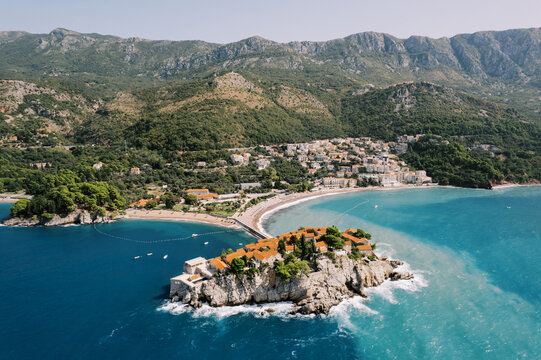 Aerial View of Sveti Stefan Island and Aman Hotel Montenegro