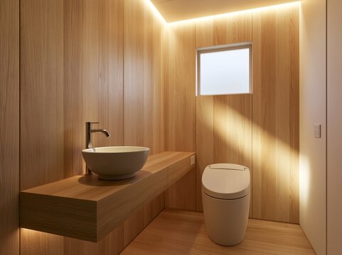 スリット窓から差し込む陽の光と間接照明が美しいトイレ手洗いエリア