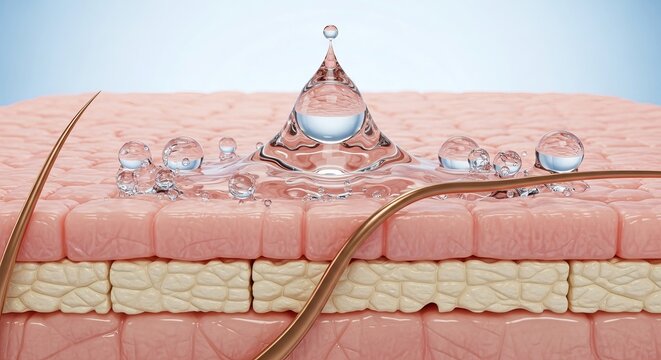 Human skin anatomy cross section with hair follicle and water droplets