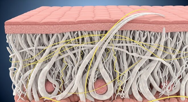 Detailed 3D anatomy of human skin layers showing collagen fibers and blood