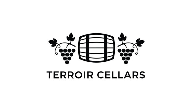 Terroir Cellars wine logo displaying a vintage wooden barrel flanked by two delicious grape bunches and elegant green leaves.
