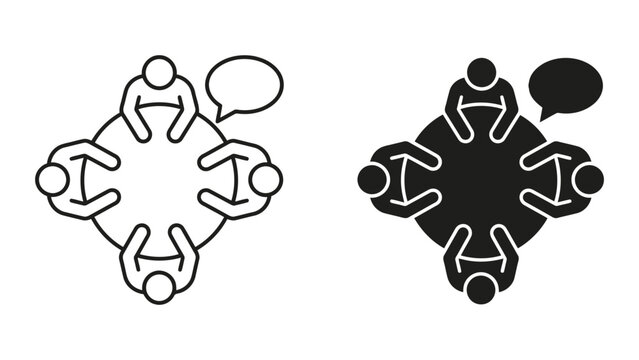 Group of people talking around round table concept icon with discussion