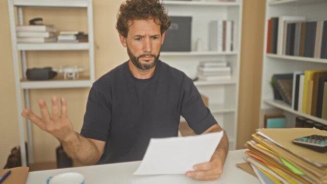 Man reading a document at a cluttered desk with stacked folders and mug, palm to forehead while holding paper inside an office building; frustration.