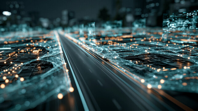 Futuristic deep learning architecture for autonomous vehicles, featuring glowing cyan data streams, holographic neural nodes, and volumetric lighting on a dark navy background with copy space for...