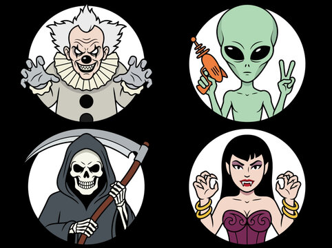 Halloween Horror and Sci-Fi Character Icon Set: Evil Clown, Alien, Grim Reaper, and Vampire Vector Illustration
