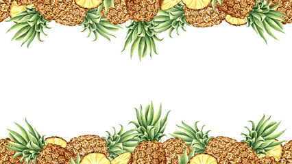 Fototapeta premium Pineapple whole and slice with leaves watercolor postcard template. Tropical fruits background hand drawn isolated illustration healthy eating design. Exotic food for packaging oil, skincare, textile.