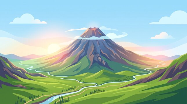 A vibrant vector illustration of a majestic volcanic mountain rising over a lush green valley with winding rivers, glowing under a warm morning sunrise.