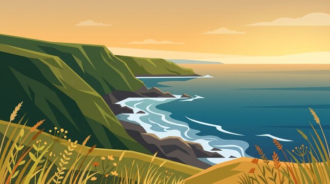A serene vector illustration of rugged coastal cliffs overlooking a vast ocean under a warm, glowing sunset sky with gentle waves crashing onto the rocky shore.