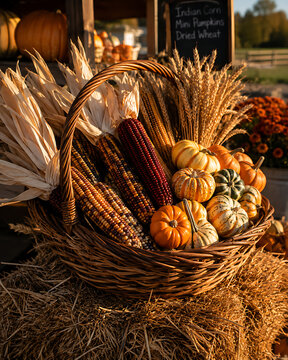 Wicker Basket of Indian Corn and Mini Pumpkins at Farm Stand