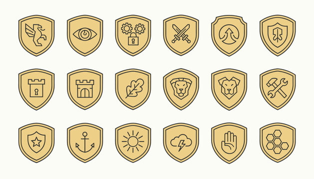 Shield icons with diverse symbolic graphics in simple black outline style over golden background circles.