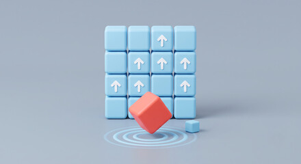 Fototapeta premium Red cube standing out from blue blocks. Unique business concept for growth and innovation. 3D concept.