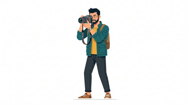 A stylish young male photographer standing and holding a professional camera while taking pictures on white background