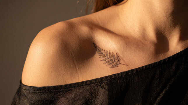 Close Up of Delicate Fern Leaf Tattoo on Woman Collarbone in Sunlit Black Top