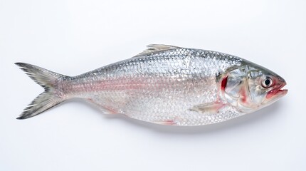 Fototapeta premium Fresh raw Hilsa fish (Ilish) isolated on clean white background, side view