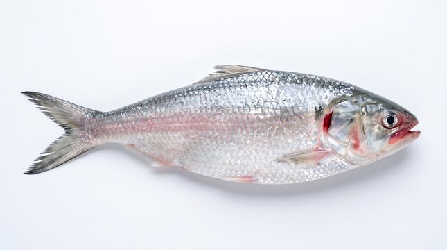 Fresh raw Hilsa fish (Ilish) isolated on clean white background, side view