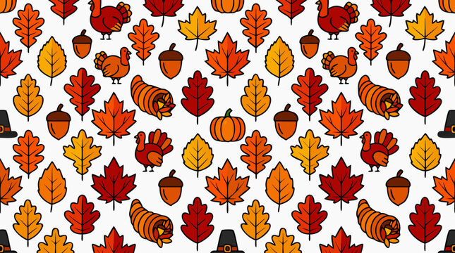 Vibrant Autumn Leaves Pattern with Turkeys and Acorns Illustration