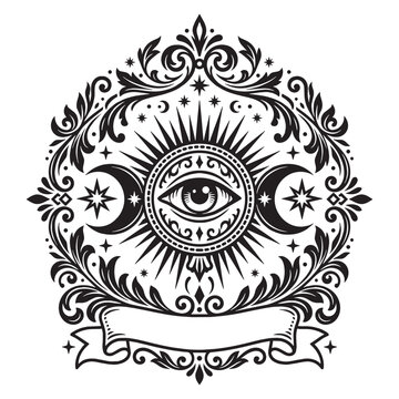 Mystical Occult Tarot Card Design with All-Seeing Eye, Triple Moon, and Ornate Esoteric Floral Frame