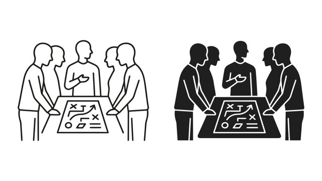 Business team brainstorming and strategy session icon set with strategy