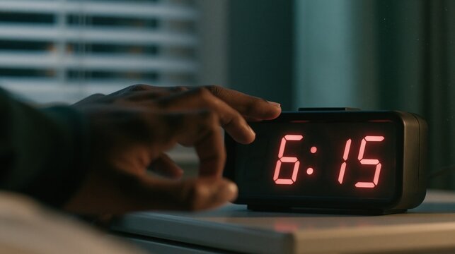 Hand reaching to turn off glowing red digital alarm clock displaying 6:15 AM in dimly lit bedroom