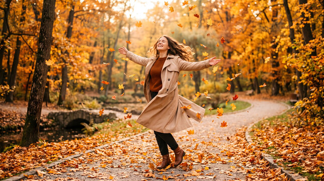 Beautiful happy woman in stylish beige trench coat spinning and dancing in golden autumn park with falling orange leaves and sunny backlighting during seasonal outdoor walk in nature path