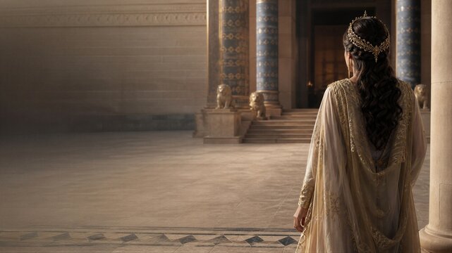 Queen Esther entering a Persian palace hall with courage. Biblical story of faith, bravery, and royal destiny with generous copy space for inspirational text.