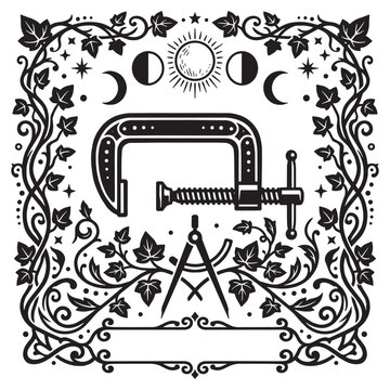Mystical Tarot Card Style Illustration Featuring a G-Clamp and Drafting Compass with Moon Phases, Occult and Esoteric Symbols in a Floral Ivy Border