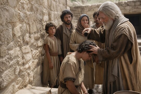 Prophet Samuel anoints young David with oil before family witnesses in an ancient stone village, depicting biblical destiny, faith, chosen leadership, and spiritual blessing.