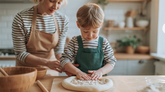 Mother and son baking together in a bright, modern kitchen, creating cherished family memories