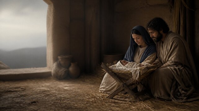 Mary and Joseph with baby Jesus in a Bethlehem stable, biblical nativity scene symbolizing faith, family, humility, and Christmas with copy space for greeting card design