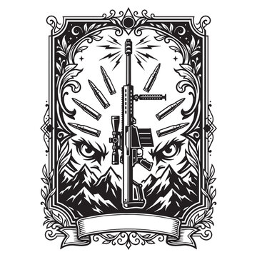 Mystical Tarot Card Design Featuring Sniper Rifle and Eagle Eyes in an Esoteric Occult Style