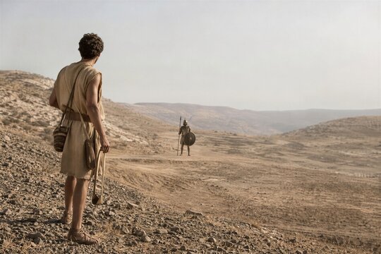 Young David faces armored Goliath across a barren valley in a biblical battle scene. Courage, faith, and triumph of the underdog concept with copy space.