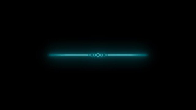 Glowing cyan neon line divider with geometric center emblem. Futuristic decorative title separator isolated on black background.