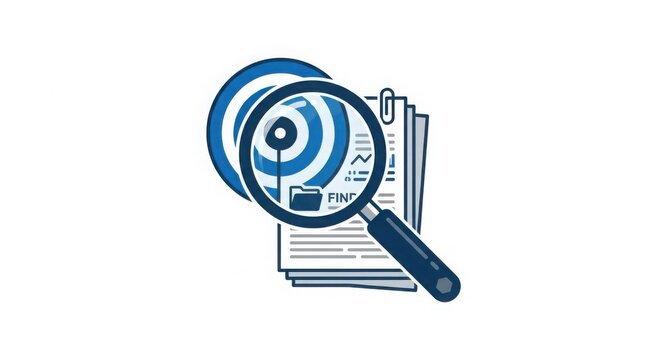 Magnifying glass over business documents and target icon for data analysis and research.