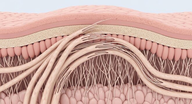 Detailed cross section of skin layers showing collagen fibers and tissue