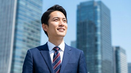 Fototapeta premium 濃紺のスーツをスマートに着こなし爽やかに見上げる若い男性社員
