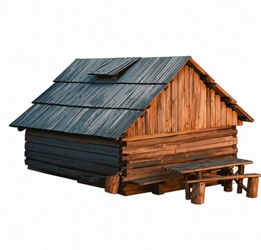 Rustic wooden cabin house with shingle roof and outdoor picnic table isolated on white background architecture building isolated background