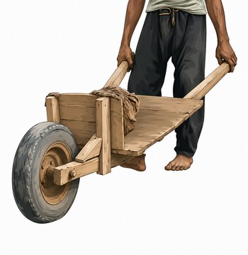Man pushing old wooden wheelbarrow loaded with burlap sack wheelbarrow isolated background traditional carrying transport construction