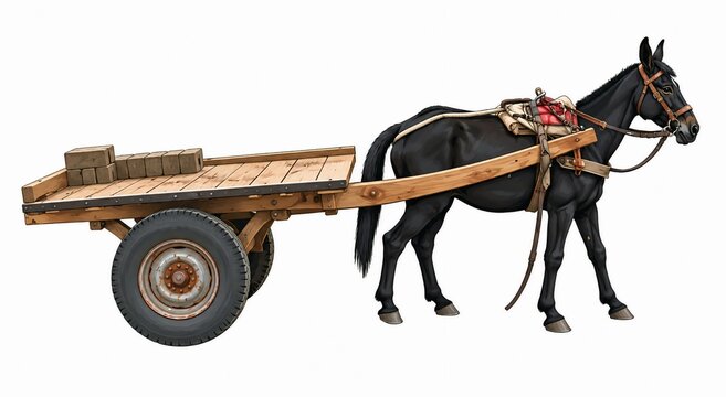 Working horse pulling wooden cart loaded with hay isolated on white background draft horse transport isolated background carriage stallion