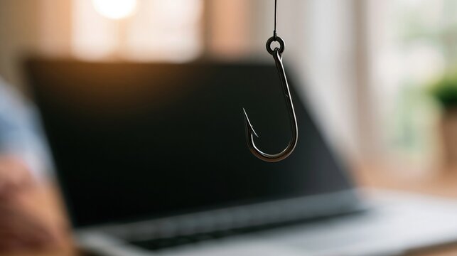 Fishing hook dangling over a laptop keyboard, symbolizing online phishing scams and cyber threats